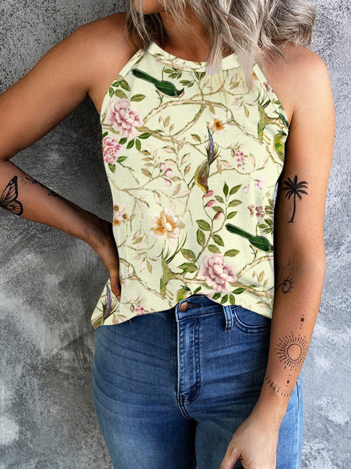 Damen Ärmelloses Blumenshirt mit Hohem Kragen Aliams