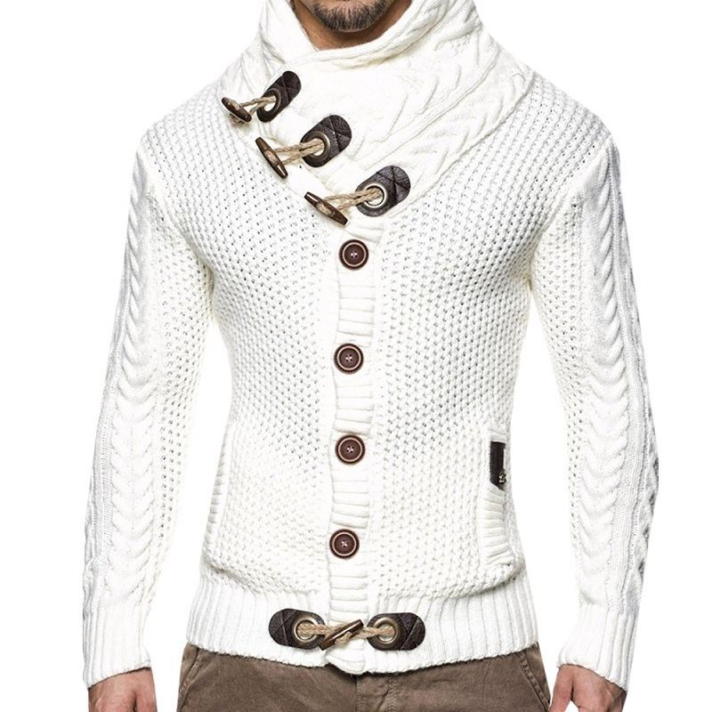 Herren gestrickter Cardigan mit hohem Kragen und modernen Holzknebel Aliams