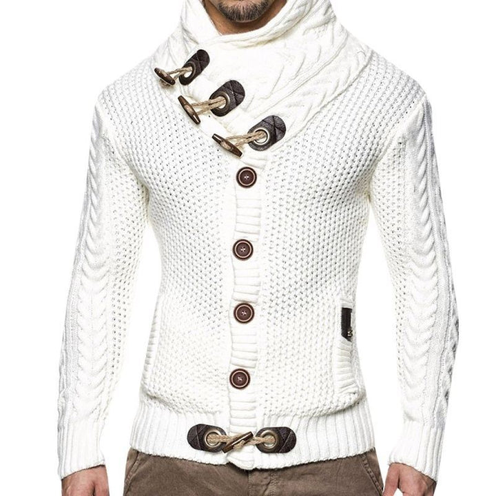 Herren gestrickter Cardigan mit hohem Kragen und modernen Holzknebel Aliams