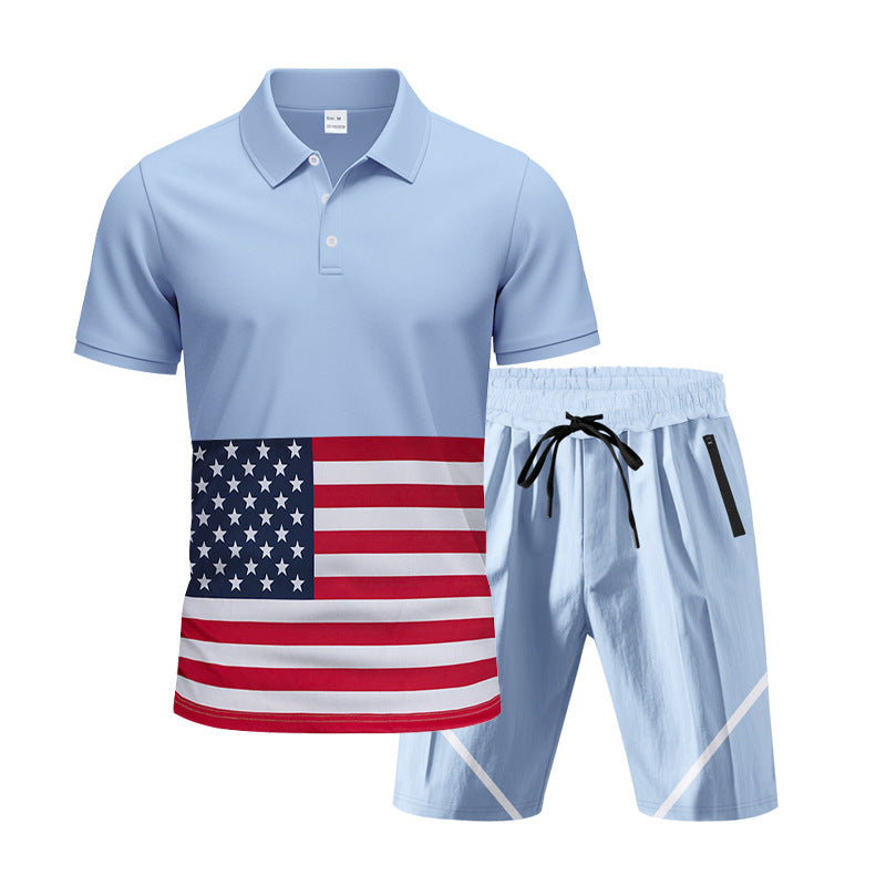 Herren Polo-Shirt und Shorts-Set mit Flaggenmotiven und modernem Schnitt Aliams