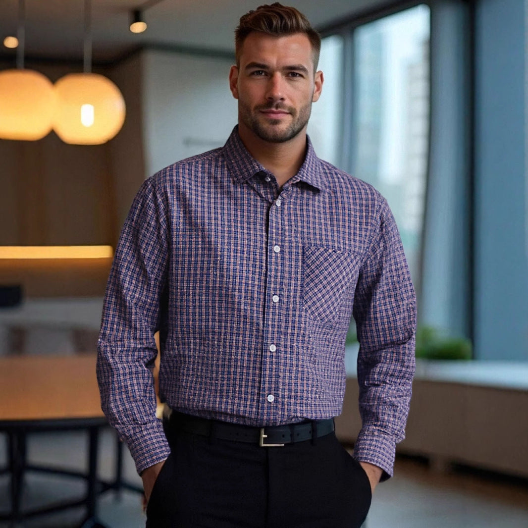 Herren kariertes Langarm-Hemd mit hochwertiger Baumwollmischung und praktischer Brusttasche Aliams