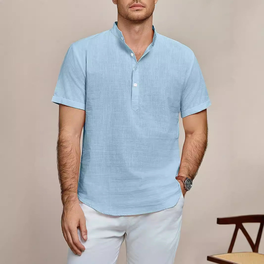Herren Kurzarm Leinenhemd mit Stehkragen Aliams