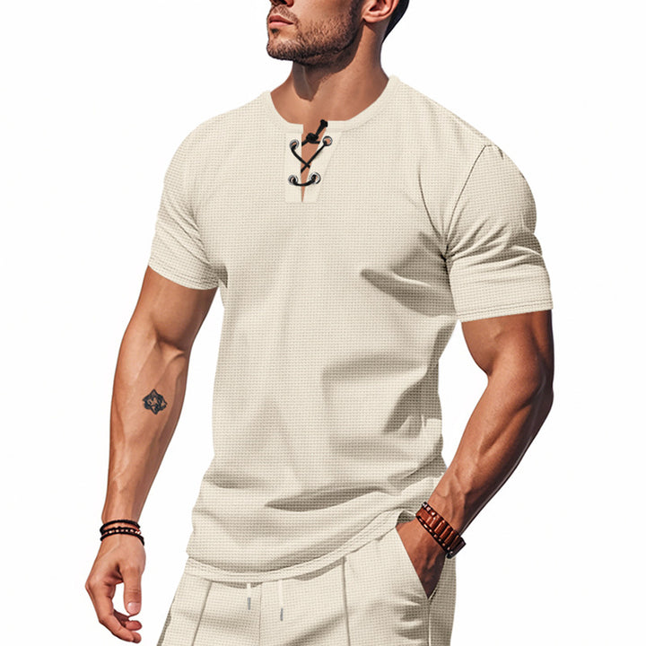 Herren Kurzarm-Henley-T-Shirt mit dekorativem Knopfverschluss Aliams