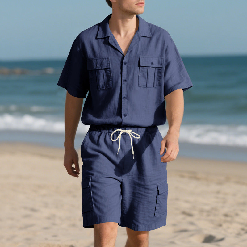 Herren entspanntes Strandoutfit mit kurzen Ärmeln und praktischen Cargo-Shorts Aliams