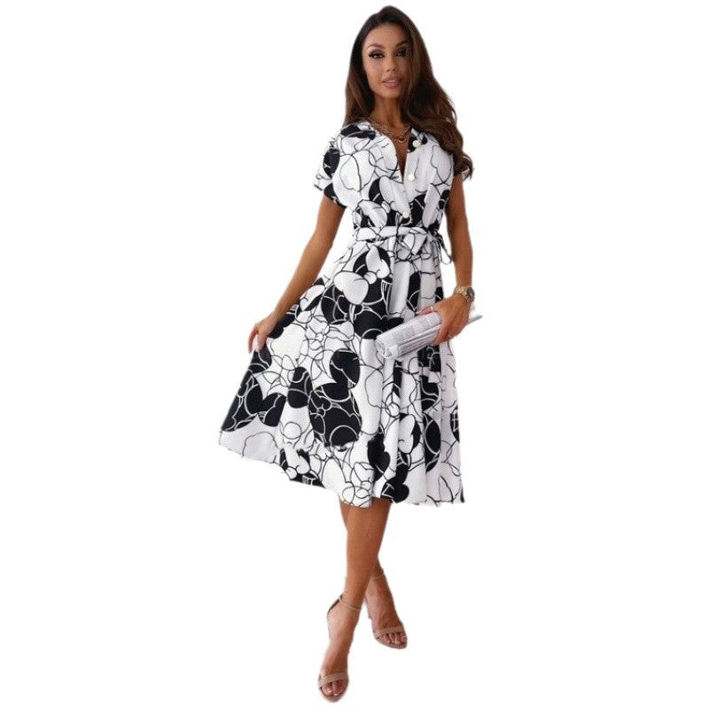 Damen Wickelkleid mit modernem geometrischem Print und Taillengürtel Aliams