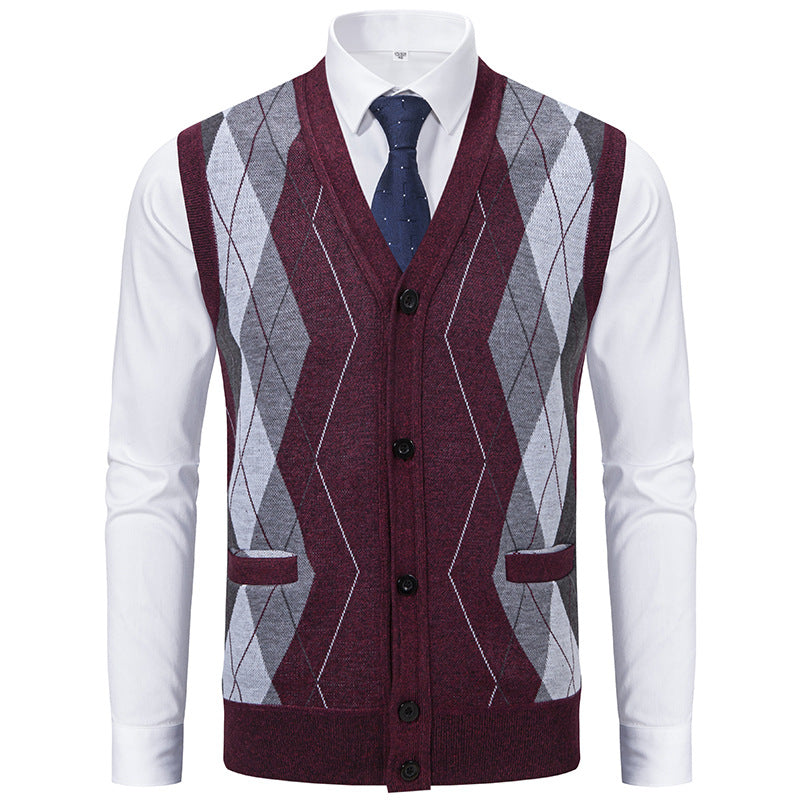 Herren elegante Strickweste mit klassischem Rautenmuster und praktischen Taschen Aliams
