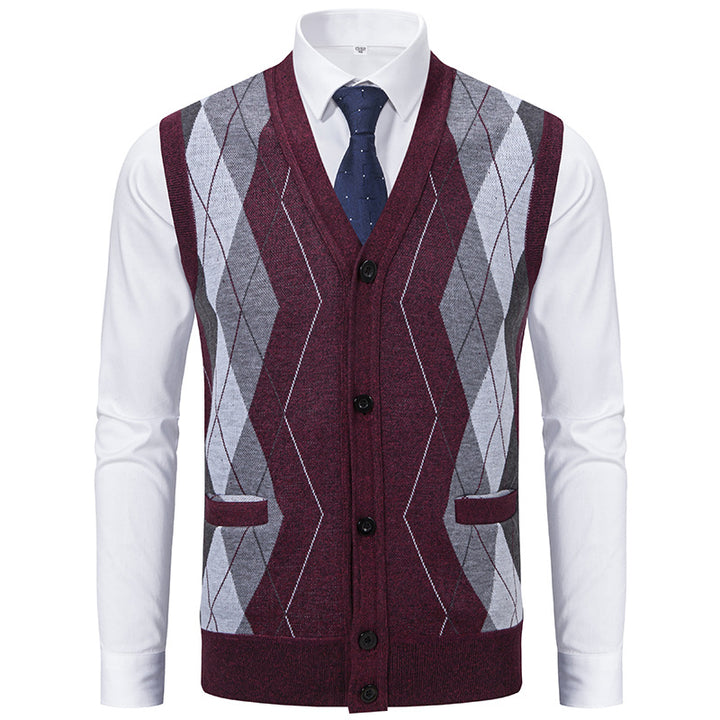 Herren elegante Strickweste mit klassischem Rautenmuster und praktischen Taschen Aliams
