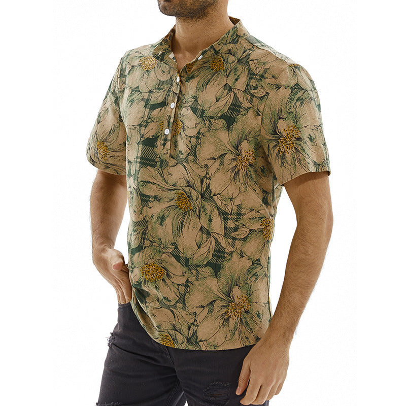 Herren Kurzarm-Hemd mit floralem Muster und modischem Stehkragen Aliams