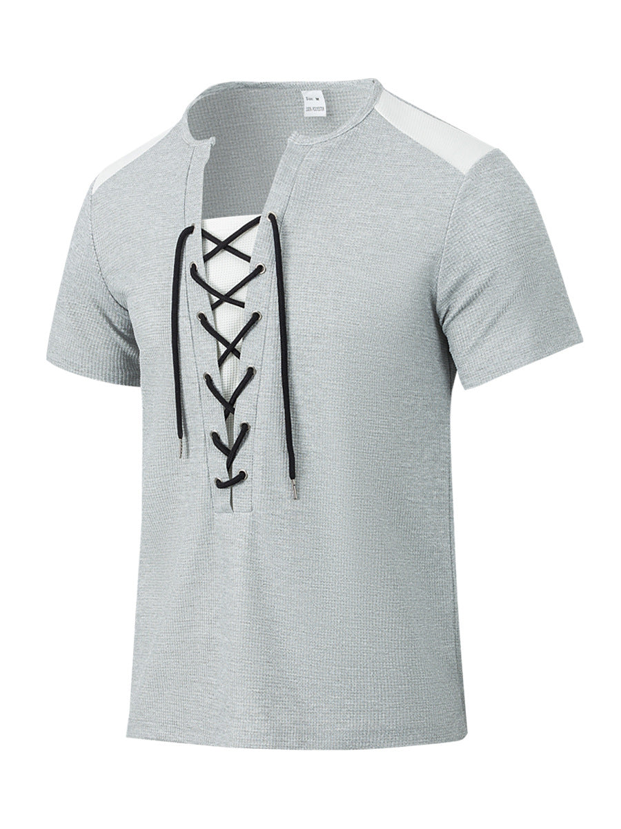 Herren Kurzarm-Henley-Shirt mit modischem Schnürdesign Aliams