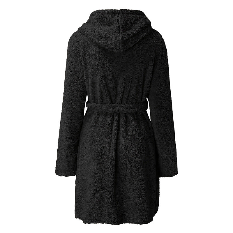Damen Kuscheliger Fleece-Bademantel mit Kapuze und praktischen Taschen Aliams