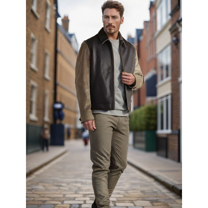 Herren Stilvolle Lederjacke mit Kontrastärmeln Aliams