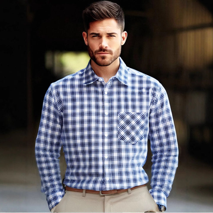 Herren feines kariertes Langarmhemd mit Brusttasche und klassischem Kragen Aliams
