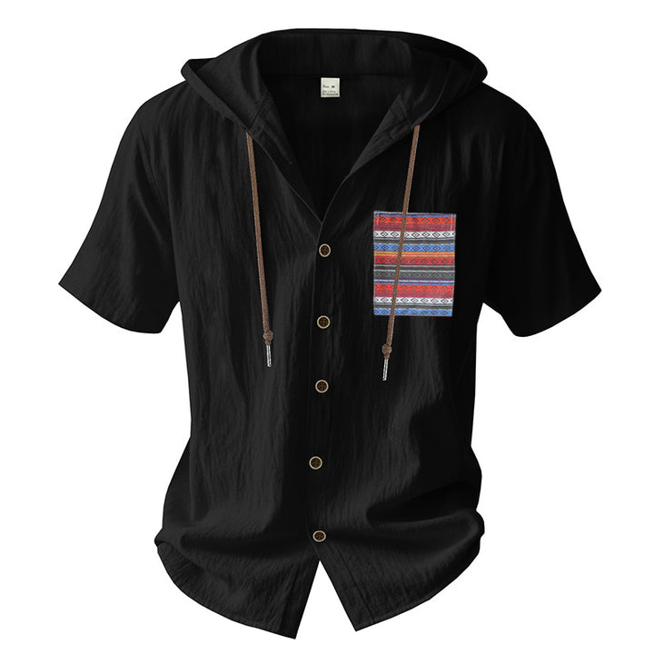 Herren Kurzarm-Hemd mit Kapuze und buntem Brusttaschen-Motiv Aliams