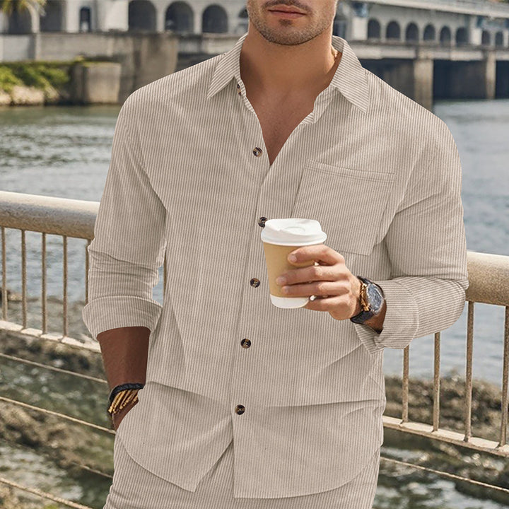 Herren gestreiftes Langarmshirt mit modischem Stehkragen und praktischer Brusttasche Aliams