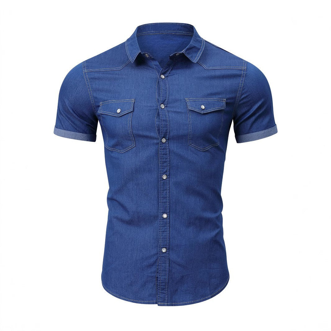 Herren Kurzarm Denimhemd mit doppelten Brusttaschen Aliams
