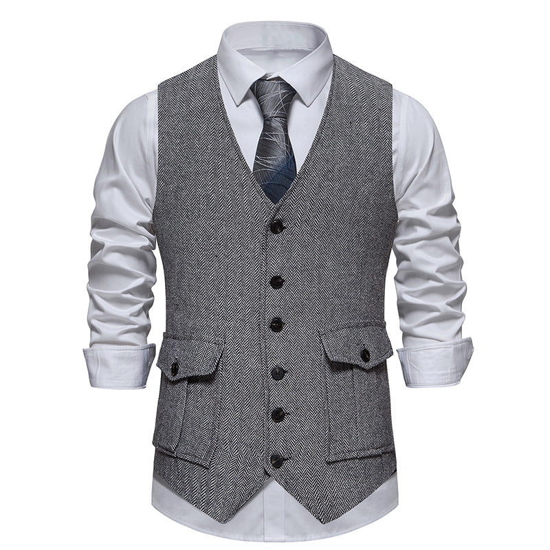 Herren Elegante Anzugweste im klassischen Fischgrätmuster mit praktischen Taschen Aliams