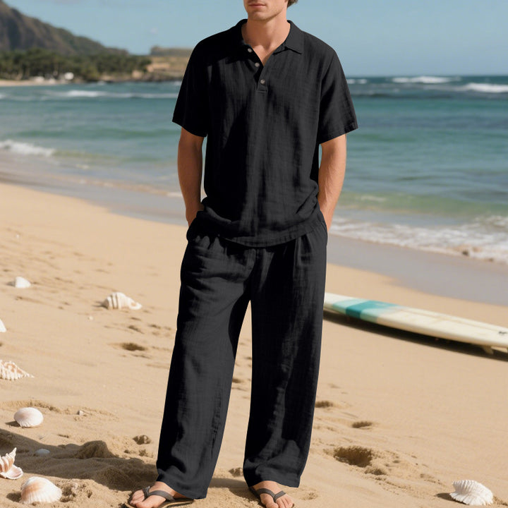 Herren elegantes Leinen-Set mit Kurzarmoberteil und weitem Hosenstil Aliams