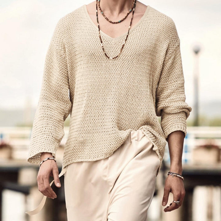 Herren V-Ausschnitt Waffelmuster Pullover mit 3/4-Ärmeln Aliams