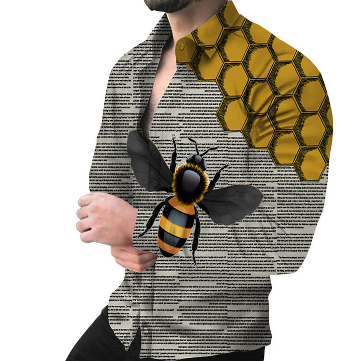 Herren Kreatives Langarmhemd mit künstlerischem Bienenmuster und strukturiertem Design Aliams