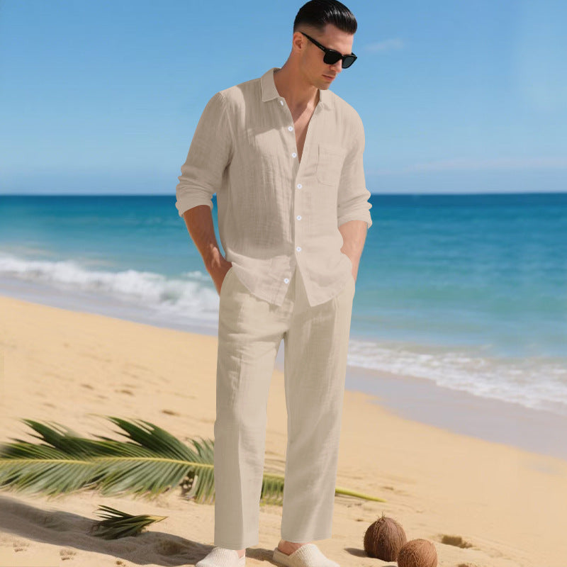 Herren leichtes Leinen-Outfit mit stilvollem Hemd und eleganter Hose Aliams