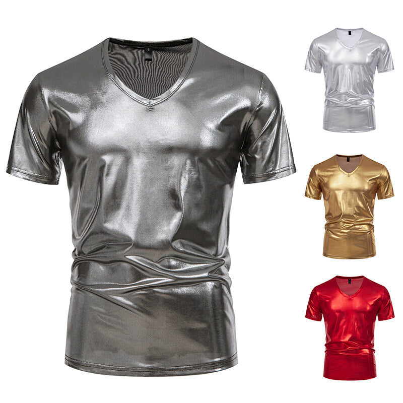 Herren V-Ausschnitt T-Shirt aus glänzendem Material mit persönlichem Stil Aliams