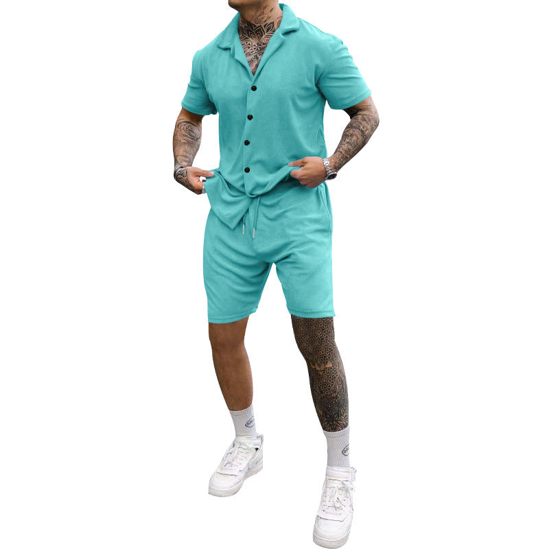 Herren Freizeit-Kurzarm-Set mit Knopfleiste und verstellbarem Kordelzug Aliams