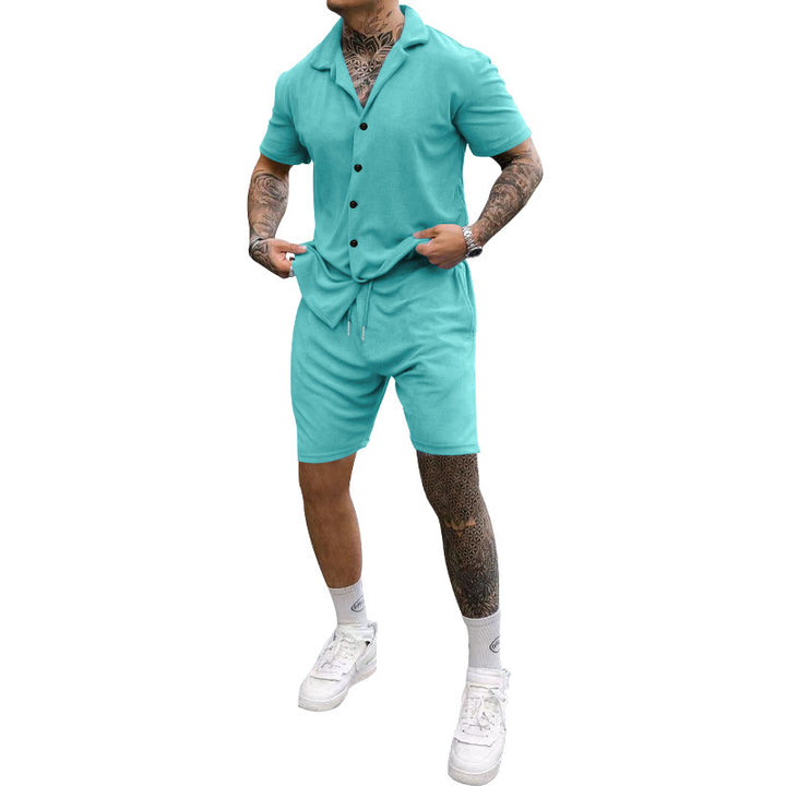Herren Freizeit-Kurzarm-Set mit Knopfleiste und verstellbarem Kordelzug Aliams
