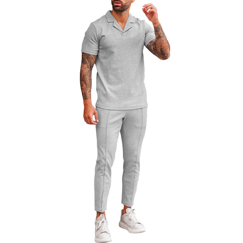 Herren elegantes Kurzarm-Polo und schmal geschnittene Hose Set Aliams