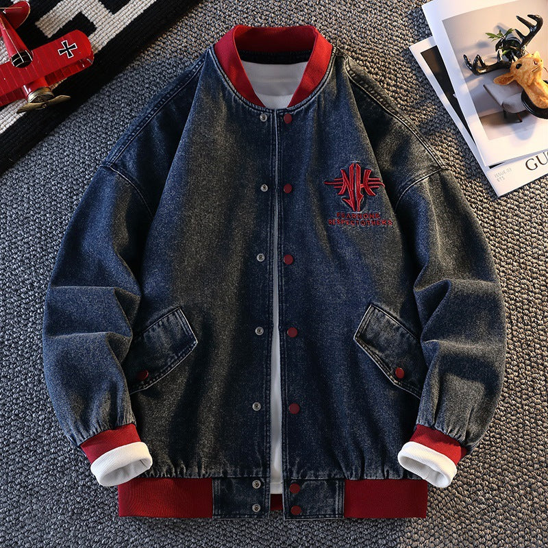 Herren sportliche Jeansjacke im College-Stil mit gesticktem Logo Aliams