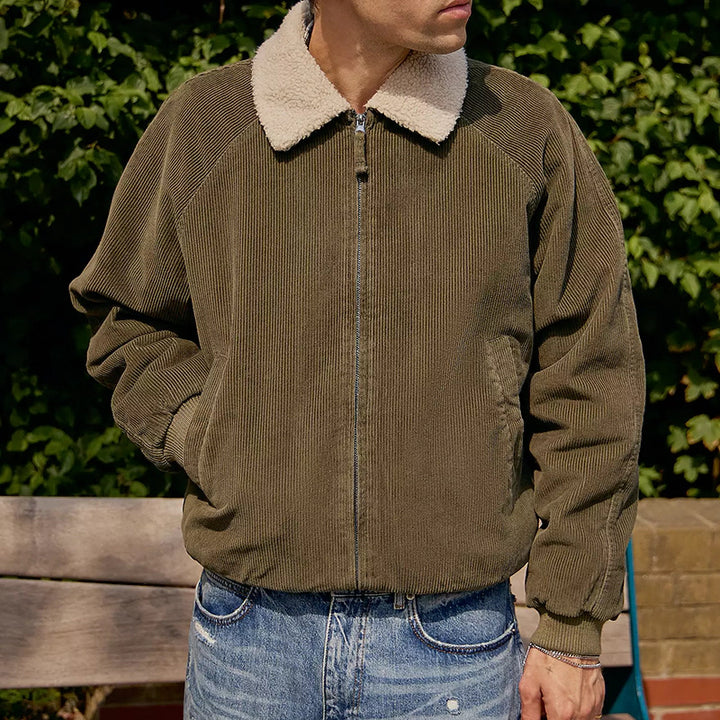 Herren stylische Cordjacke mit abnehmbarem Sherpa-Kragen Aliams