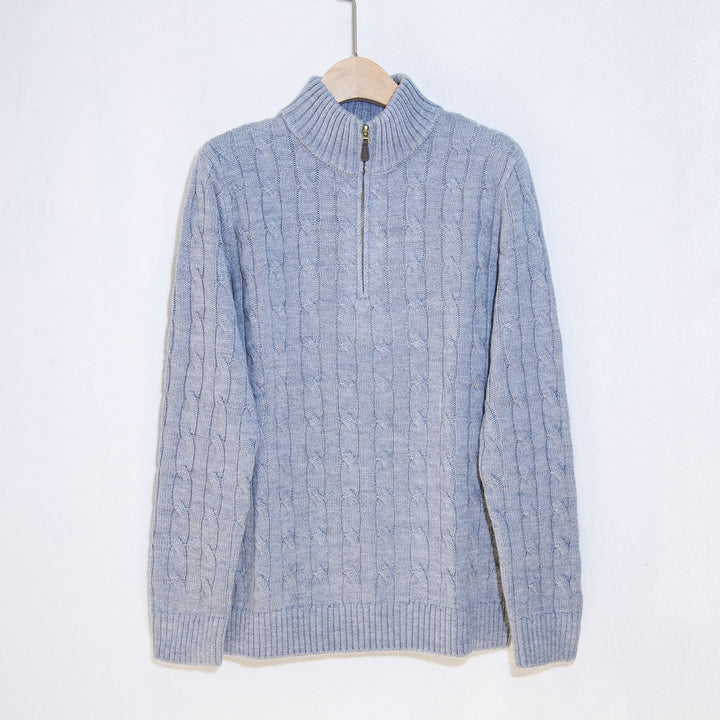 Herren eleganter Strickpullover mit halbem Reißverschluss und Zopfstrickmuster Aliams