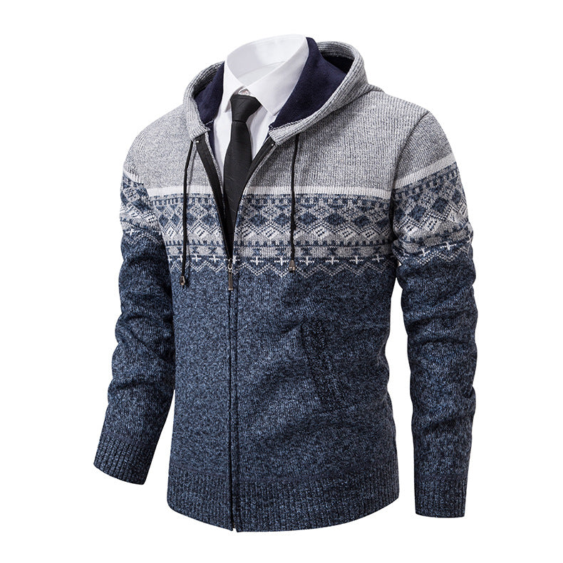 Herren stilvolle Strickjacke mit Kapuze und Norweger-Muster Aliams