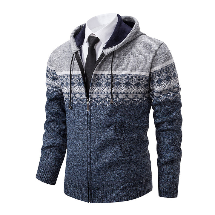 Herren stilvolle Strickjacke mit Kapuze und Norweger-Muster Aliams