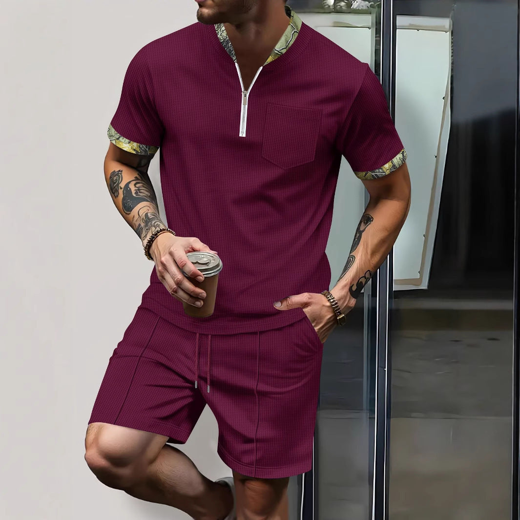 Herren Freizeit Outfit mit Zip-Kragen und Kurzhosenset Aliams