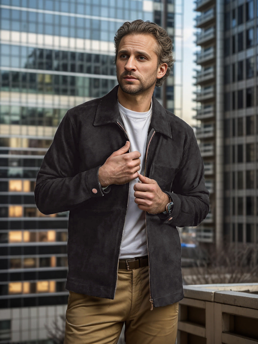 Herren schicke und lässige Wildlederjacke mit Stehkragen Aliams