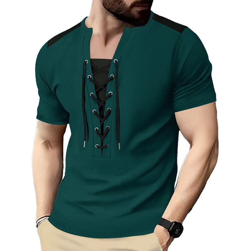 Herren Kurzarm-Henley-T-Shirt mit dekorativen Schnürdetails und atmungsaktiver Struktur Aliams