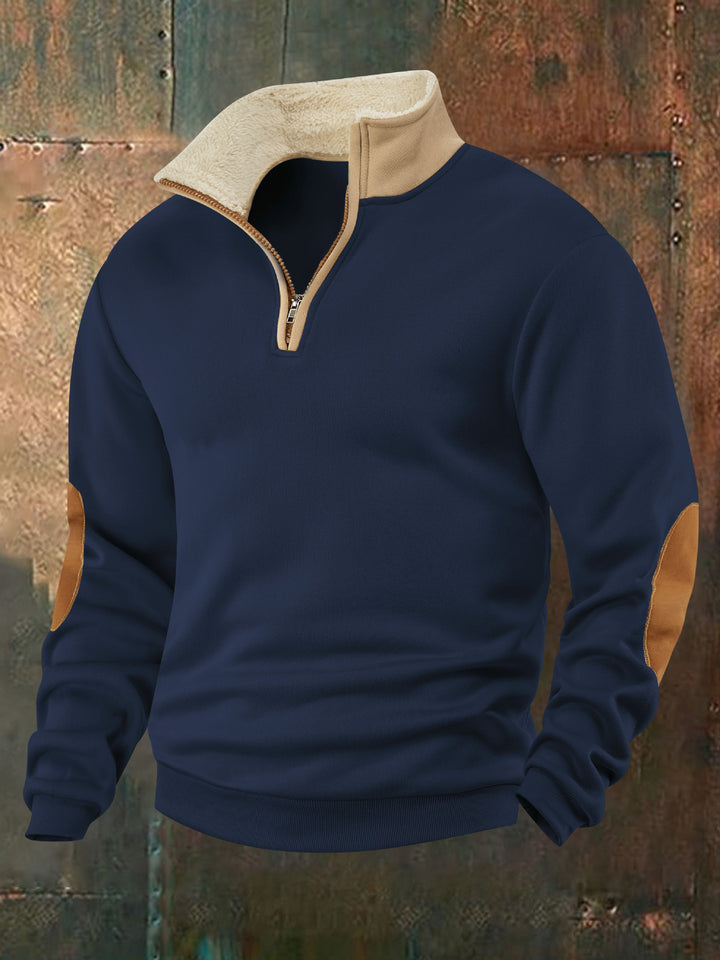 Herren Fleece-Pullover mit hochabschließendem Kragen und modischen Lederapplikationen Aliams