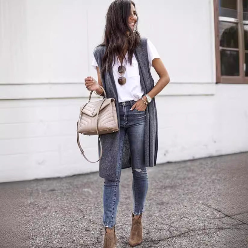 Damen offene Strickjacke mit lässigem Schnitt und langen Seitenpartien Aliams