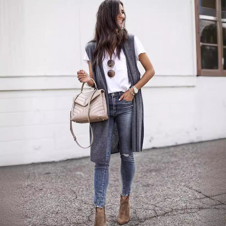 Damen offene Strickjacke mit lässigem Schnitt und langen Seitenpartien Aliams