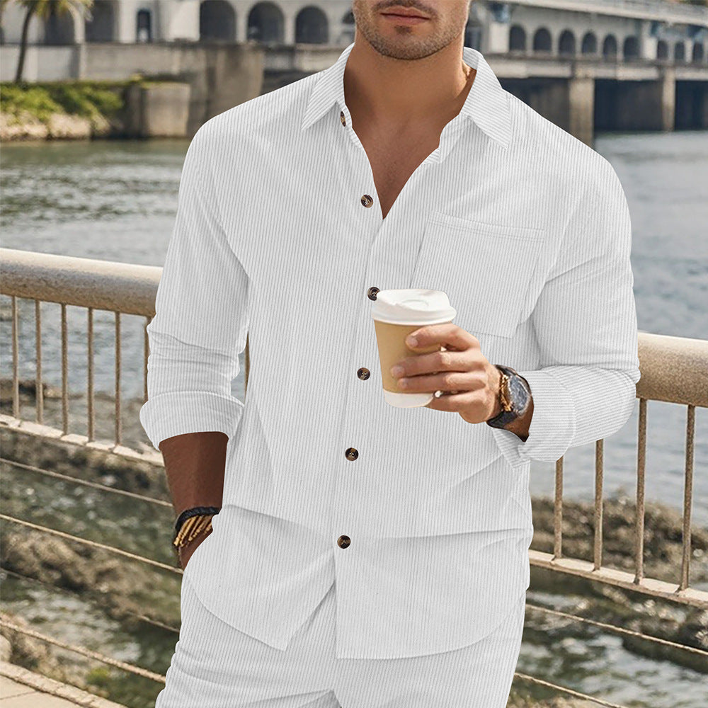 Herren gestreiftes Langarmshirt mit modischem Stehkragen und praktischer Brusttasche Aliams