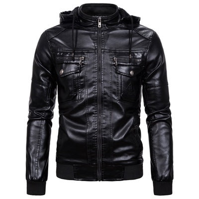 Herren Kunstlederjacke mit Kapuze und Fleece-Futter Aliams