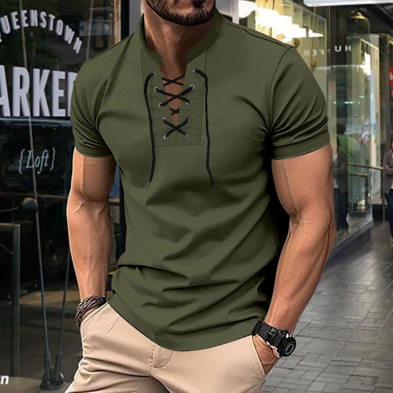 Herren Kurzarm-Henley-Shirt mit modernem Schnürdesign Aliams
