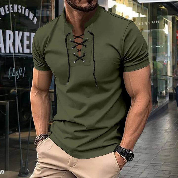 Herren Kurzarm-Henley-Shirt mit modernem Schnürdesign Aliams