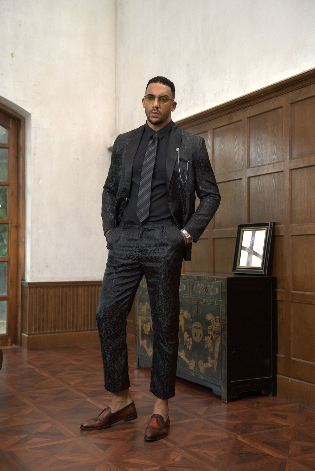 Herren festliches Anzugset mit floralem Jacquard-Muster Aliams