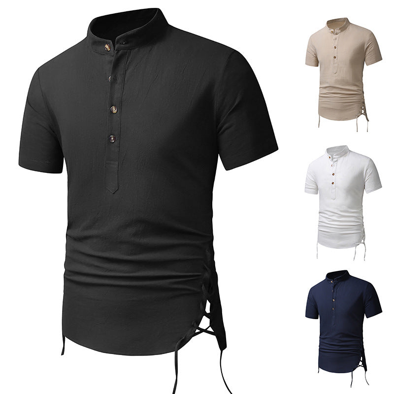 Herren Kurzarm-Hemd mit Stehkragen und dekorativen Knöpfen Aliams