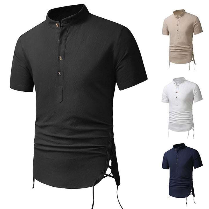 Herren Kurzarm-Hemd mit Stehkragen und dekorativen Knöpfen Aliams