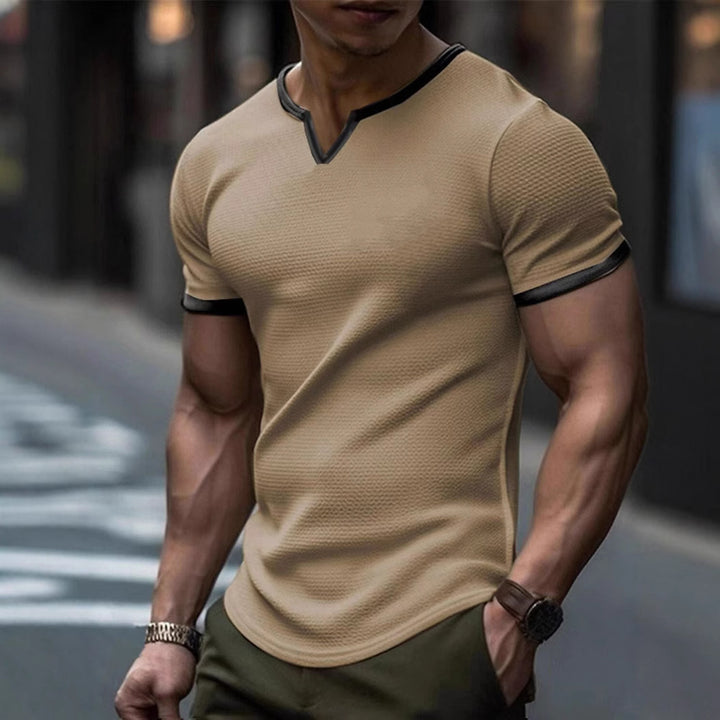 Herren Kurzarm T-Shirt mit strukturiertem V-Ausschnitt und kontrastierenden Ärmeln Aliams