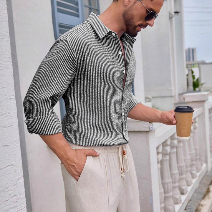 Herren Elegantes und lässiges Langarmhemd mit feinem Streifenmuster Aliams