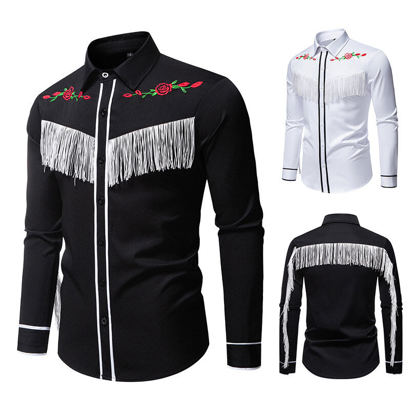 Herren elegante Westernbluse mit Fransen und bestickten Motiven Aliams