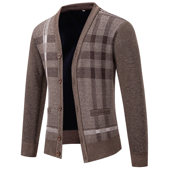 Herren stilvolle Strickjacke mit modernem Karomuster und praktischen Taschen Aliams